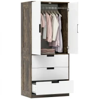 HOMCOM Modern Clothes Storage Cupboard Unit, 3 Drawer 2 Door Wardrobe with Hanging Rod, Rustic Brown(m-15)
