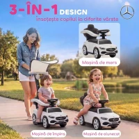 AIYAPLAY Mașinuță de Împins pentru Copii 3 în 1 cu Licență Mercedes-Benz, Mâner, Copertină, Claxon, Muzică, Alb(m-4)