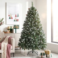 HOMCOM Albero di Natale Innevato Alto 180 cm con 910 Rami e Pigne, Base in Metallo Pieghevole, Verde(m-10)