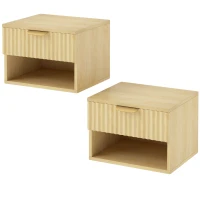 HOMCOM Floating Nightstands Set of 2, Modern Wall-Mounted Bedside Tables with Fluted Drawer and Open Shelf for Bedroom, Oak(m-1)