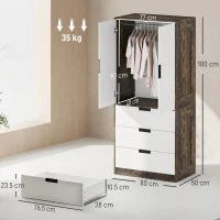 HOMCOM Modern Clothes Storage Cupboard Unit, 3 Drawer 2 Door Wardrobe with Hanging Rod, Rustic Brown(m-3)