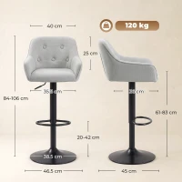 HOMCOM Set de 2 taburete de bar, scaune de bar din chenille, înălțime reglabilă, rotire 360°, spătar și suport pentru picioare, gri(m-3)