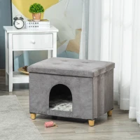 PawHut Cueva para Gatos 2 en 1 Taburete Reposapiés con Tapa Extraíble Orificio de Entrada Cojín Lavable y Patas Elevadas de Madera para Interior 60x45x44,5 cm Gris(m-10)