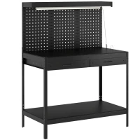 HOMCOM 110 cm Workbench with Pegboard, Heavy Duty Work Table with Power Strip and LED Light, Black(m-1)
