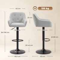 HOMCOM Banquetas de Bar Conjunto de 2, Banquetas em Chenille, Altura Ajustável, Rotação 360°, Encosto e Apoiápés, Cinza(m-3)