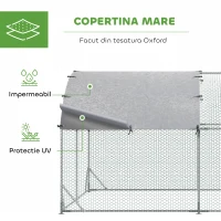 PawHut țarc pentru găini din metal galvanizat cu acoperiș și acoperire anti-UV, 280x380x197 cm, argintiu(m-4)