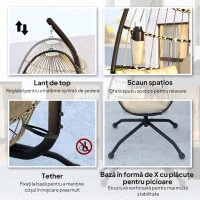 Outsunny Fotoliu Suspendat Tip Ou cu Lanț Reglabil, 2 Perne Detașabile și Suport pentru Pahar, Scaun Balansoar de Grădină Pliabil, Bază în X din Oțel, pentru Interior și Exterior, 120x88x192 cm, Bej(m-7)