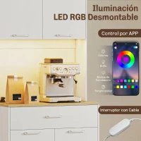 HOMCOM Alacena de Cocina con Luces LED Estación de Carga 4 Puertas Cajón Encimera Abierta 71x40x180 cm Blanco(m-4)