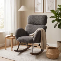 HOMCOM Upholstered Rocking Chair Adjustable Headrest Rocker Chair Raindrop Velvet Rubberwood Base Dark Grey(m-8)