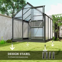 Outsunny Seră din Policarbonat și Aluminiu cu Ușă Culisantă, Fereastră de Aerisire și Jgheab, 1.9x1.9x2m, Gri(m-6)