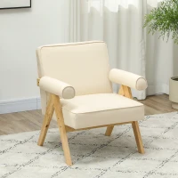 HOMCOM Sillón de Salón Tapizado en PU con Reposabrazos y Marco de Madera de Caucho para Dormitorio Carga 120 kg Crema(m-10)
