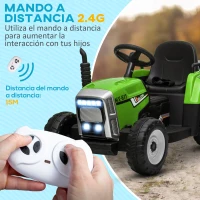 HOMCOM Tractor Eléctrico con Remolque para Niños 3-6 Años con Control Remoto y Cinturón de Seguridad 136,5x50x52,5 cm Verde(m-5)