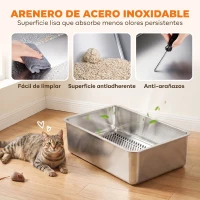 PawHut Arenero para Gatos de Acero Inoxidable L con Bandeja de Tamizado Borde Alto Pala y 10 Empapadores Gris Oscuro(m-6)