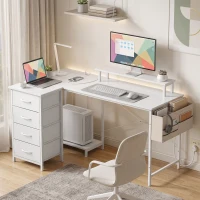 HOMCOM L Shaped Gaming Desk Reversible Power Outlets Corner Desk Storage Drawers Monitor Shelf 150 cm White(m-13)