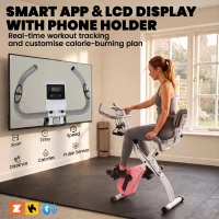 SPORTNOW 4-In-1 Folding Exercise Bike with Resistance Bands, Bluetooth App, 8-Level Magnetic Resistance, LCD Display, Pink(m-5)