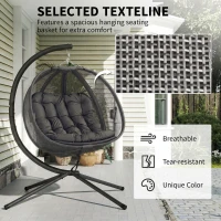 Outsunny Double Hanging Egg Chair 2 Seaters Texteline Swing Hammock Chair with Stand, Cushion and Folding Design, for Indoor and Outdoor, Grey(m-17)