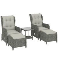 Outsunny 5 Piece Garden Furniture Set, Rattan Reclining Garden Chair Set of 2 with Footstool and Cushion for Balcony, Cream(m-1)