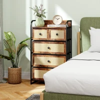 HOMCOM Cómoda para Dormitorio con 5 Cajones con Frentes de Ratán y Marco de Acero 58x29x99 cm Marrón Rústico(m-10)