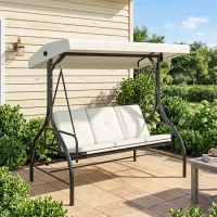 Outsunny 3 Seater Garden Swing Chair, 2 in 1 Convertible Patio Swing Seat Bed with Adjustable Canopy, Cushions and Metal Frame, Outdoor Hammock Bench Chair for Balcony, Terrace, Cream White(m-3)