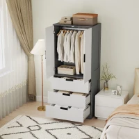 HOMCOM Modern Clothes Storage Cupboard Unit, 3 Drawer 2 Door Wardrobe with Hanging Rod, Grey(m-7)