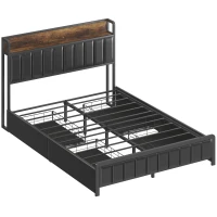 HOMCOM Cadre de lit 140 x 190 cm avec sommier à lattes en métal, lit double rembourré avec 4 tiroirs et étagère, noir(m-1)
