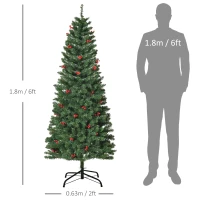 HOMCOM 6FT Prelit Artificial Pencil Christmas Tree with Warm White LED Light, Red Berry, Holiday Home Xmas Decoration, Green(m-3)