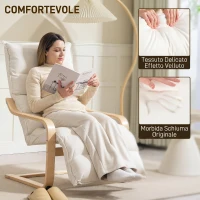 HOMCOM Poltroncina Relax in Legno con Rivestimento in Velluto e Poggiapiedi Regolabile, Crema(m-4)