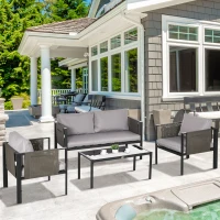 Outsunny 4 Piece Metal Garden Furniture Set - Includes Tempered Glass Coffee Table, Texteline Pocket, Outdoor Patio Set with Loveseat, Single Armchairs and Padded Cushions, Light Grey(m-20)