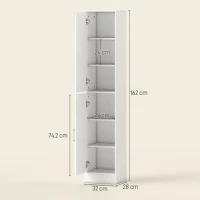 kleankin Meuble colonne salle de bain avec miroir, meuble de rangement à 6 niveaux 2 portes étagères réglables 32x28x162cm blanc(m-3)