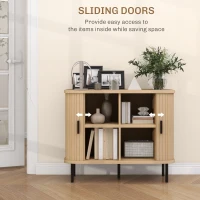 HOMCOM Mid-Century Modern Sideboard Storage Cabinet with Slatted Tambour Sliding Doors, Kitchen Cabinet with Steel Legs, Oak Tone(m-5)