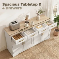 HOMCOM Sideboard Buffet Cabinet, 140 cm Kitchen Storage Cabinet with 4 Drawers, 4 Doors and 2 Adjustable Shelves, White(m-5)