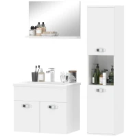 kleankin Conjunto de Muebles de Baño de Pared 4 Piezas Incluye Espejo Armario con Lavabo Cerámico y Columna de Baño Blanco(m-11)