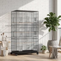 PawHut Grande Cage à Oiseaux sur Roulettes en Acier, Plateau Amovible, Portes, Perchoirs, Mangeoires, 77x46,5x141cm, Noir(m-10)