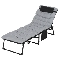 Outsunny Lettino Prendisole Pieghevole con Cuscino, Poggiatesta e Tasca Laterale, 58x189x32.5 cm, Grigio Chiaro(m-1)