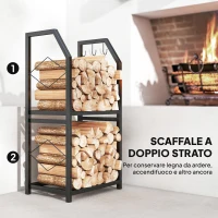Outsunny Portalegna da Esterno e Interno a 2 Livelli con 3 Ganci Laterali in Acciaio, 41x30x81 cm, Nero(m-4)