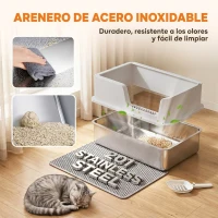 PawHut Arenero para Gatos de Acero Inoxidable XL con Borde Alto Pala Cepillo y Gancho Gris Claro(m-4)