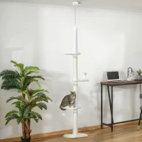PawHut 225-255 cm Adjustable Cat Climbing Tower with Sisal Scratching Posts, 2 Hanging Play Balls and Anti-Tip Strap, Beige(m-10)