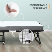 HOMCOM Folding Bed with 10cm Mattress, Portable Foldable Guest Bed with Sturdy Metal Frame on Wheels(m-6)