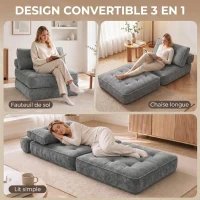 HOMCOM Fauteuil Convertible 1 Place 95 x 220 cm avec 2 Oreillers, Siège Épais, Fauteuil-Lit Chauffeuse 3 en 1, Gris Clair(m-4)
