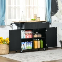 HOMCOM Mueble Auxiliar de Cocina con Ruedas 2 Cajones 2 Puertas Estante Ajustable y Toallero 104x46x91 cm Negro(m-8)