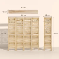 HOMCOM Paravent intérieur 4 panneaux et 3 étagères, 160 x 170 cm, séparateur de pièce pliable, bois de paulownia, bois naturel(m-3)