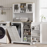 HOMCOM 175cm Tall Kitchen Cabinet, Kitchen Cupboard with Rubbish Bin Cabinet, 3 Door Shelves and 2 Acrylic Doors, White(m-8)