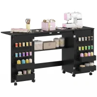 HOMCOM Masă de cusut pliabilă, mobilier de cusut pe roți, 2 uși magnetice, 4 tăvițe, 20 cârlige, 160x40x83cm, negru(m-8)