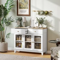 HOMCOM Credenza Cucina con 2 Cassetti e 2 Armadietti con Ante in Vetro, in Legno, 100x35x80.3 cm, Bianco e Rovere(m-2)