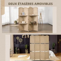HOMCOM Paravent séparateur de pièce 4 panneaux 160 x170 cm avec 2 étagères, pliable, en bois(m-5)