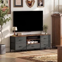 HOMCOM Meuble TV 140 cm, meuble télé 65 pouces, station de charge, 5 tiroirs en tissu, étagères ouvertes, 140x30x50cm, marron(m-9)