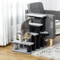 PawHut 4-step Pet Stairs with Scratching Posts, Platforms, Toy Ball, Grey(m-10)