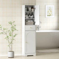 HOMCOM Armario Alto de Baño Estrecho con 2 Puertas Arqueadas Cajón y Estantes Ajustables Moderno 40x29,5x170 cm Blanco Veteado(m-2)