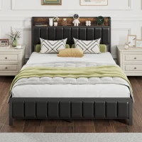 HOMCOM Cadre de lit 140 x 190 cm avec sommier à lattes en métal, lit double rembourré avec 4 tiroirs et étagère, noir(m-9)