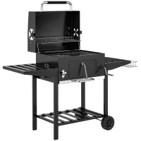 Outsunny Barbacoa de Carbón con Bandeja Ajustable Estantes Plegables Ruedas Termómetro Tapa Chimenea Ventilaciones y Cesta(m-11)